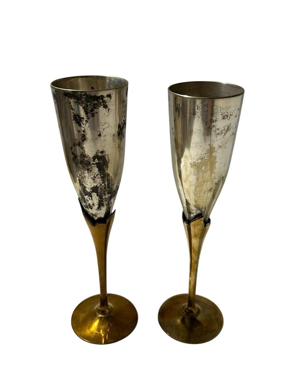 Vtg 80s Silver Plate & Brass Champagne Flutes Pair Lot of 2 Maurice Duchin 1984